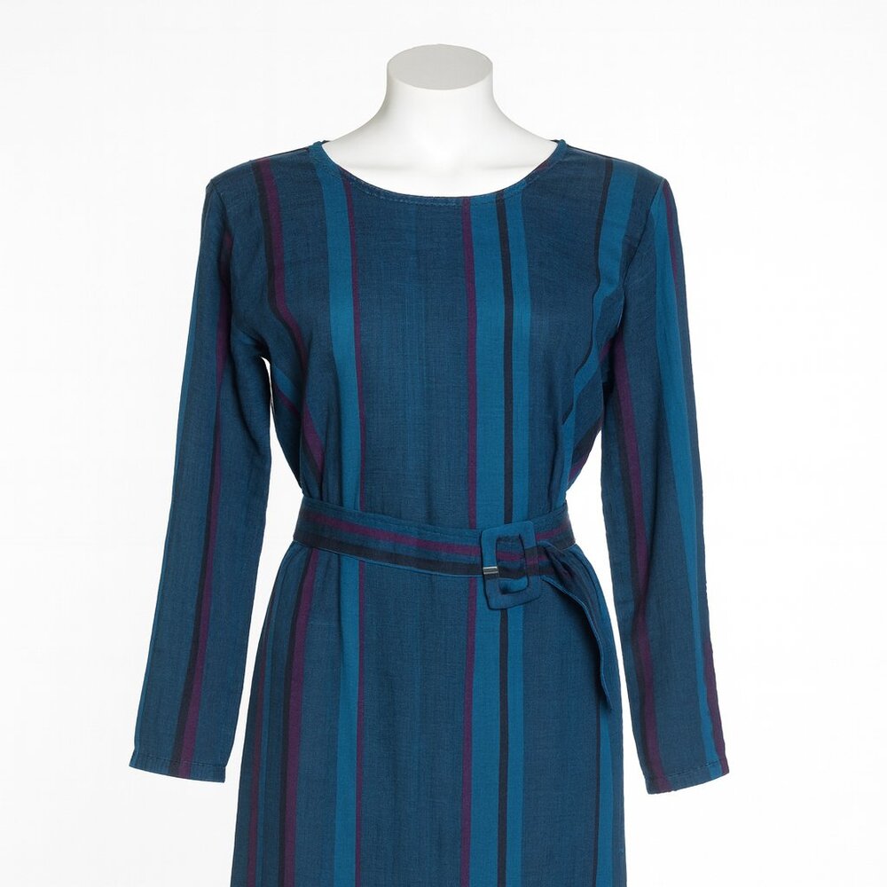 Vintage Victor Costa Striped Teal Blue Purple Midi Dress Belted